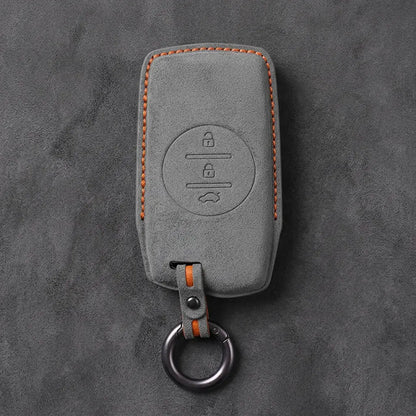 Chery Hand-Stitched Alcantara Key Fob Cover – Circular 3-Button - Dark Gray