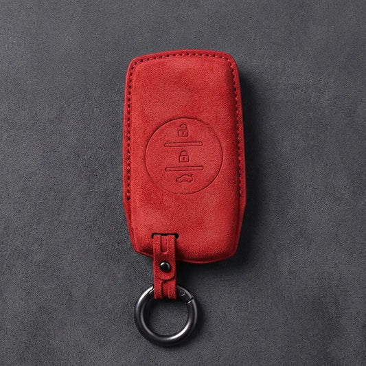 Chery Hand-Stitched Alcantara Key Fob Cover – Circular 3-Button - Red