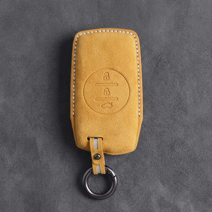 Chery Hand-Stitched Alcantara Key Fob Cover – Circular 3-Button - Soft Brown