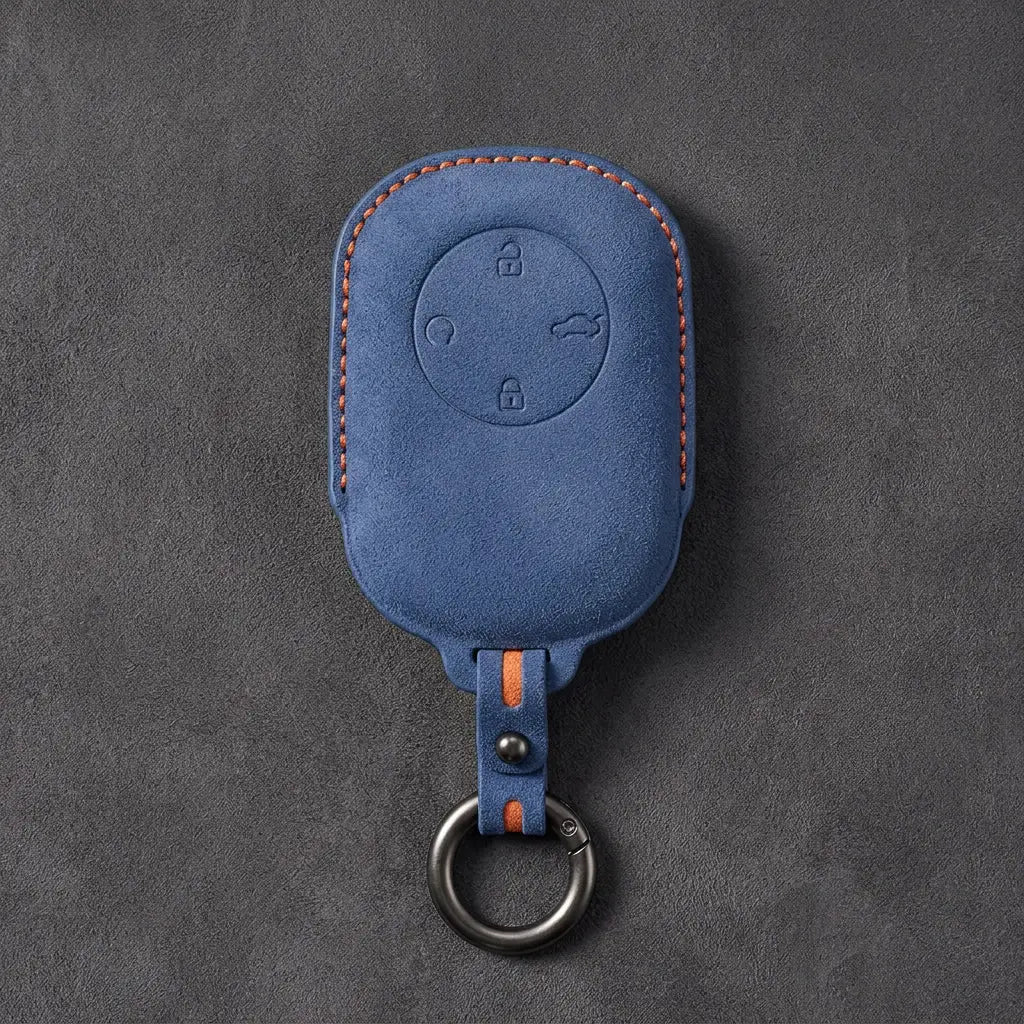 Chery Hand-Stitched Alcantara Key Fob Cover – Circular 4-Button - Cobalt Blue