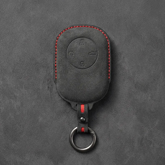 Chery Hand-Stitched Alcantara Key Fob Cover – Circular 4-Button - Dark Charcoal