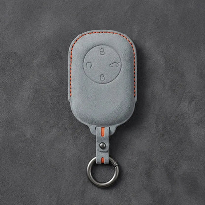 Chery Hand-Stitched Alcantara Key Fob Cover – Circular 4-Button - Dark Gray
