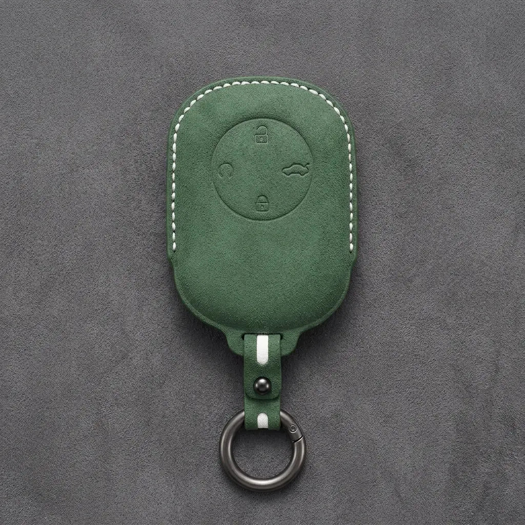 Chery Hand-Stitched Alcantara Key Fob Cover – Circular 4-Button - Dark Green
