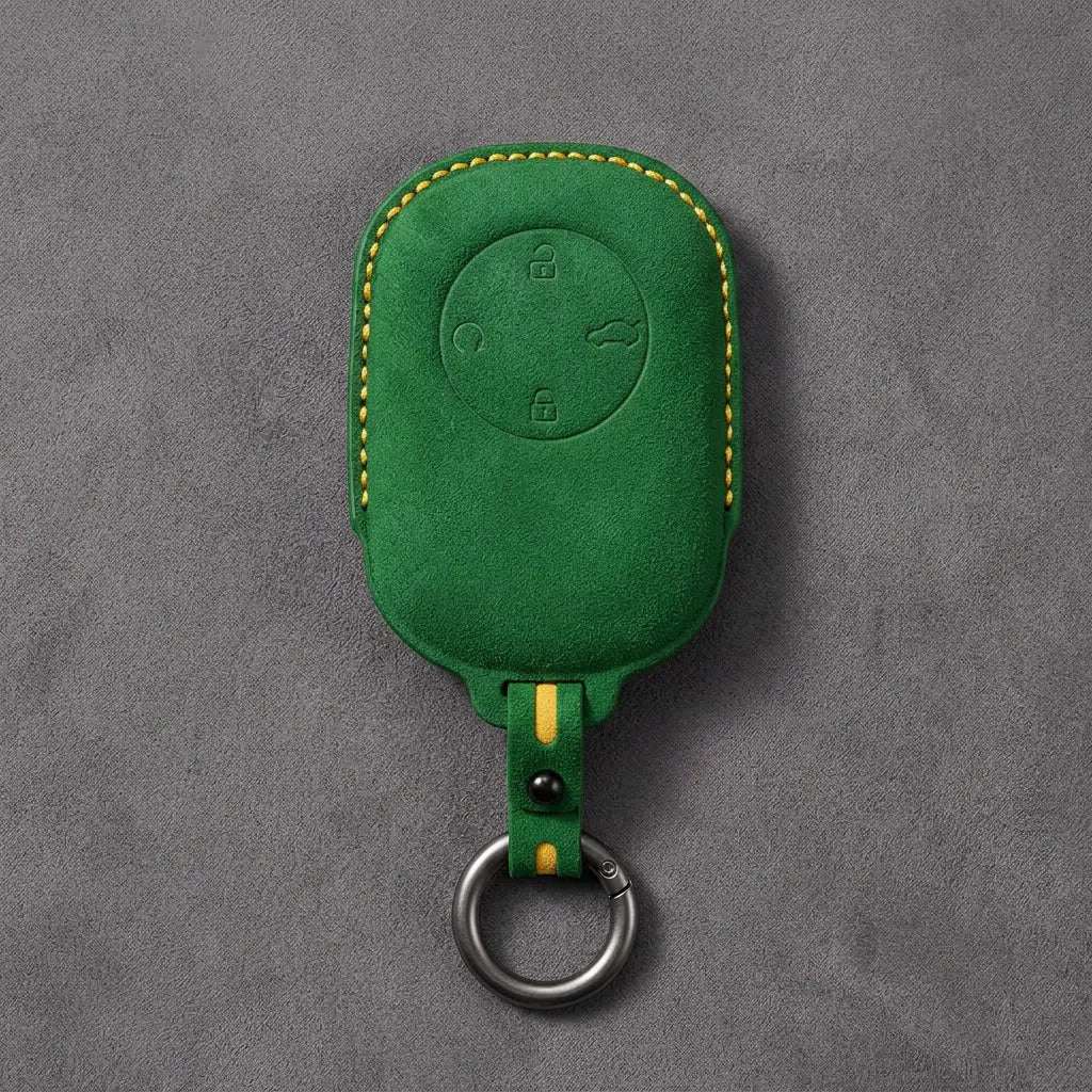 Chery Hand-Stitched Alcantara Key Fob Cover – Circular 4-Button - Grass Green