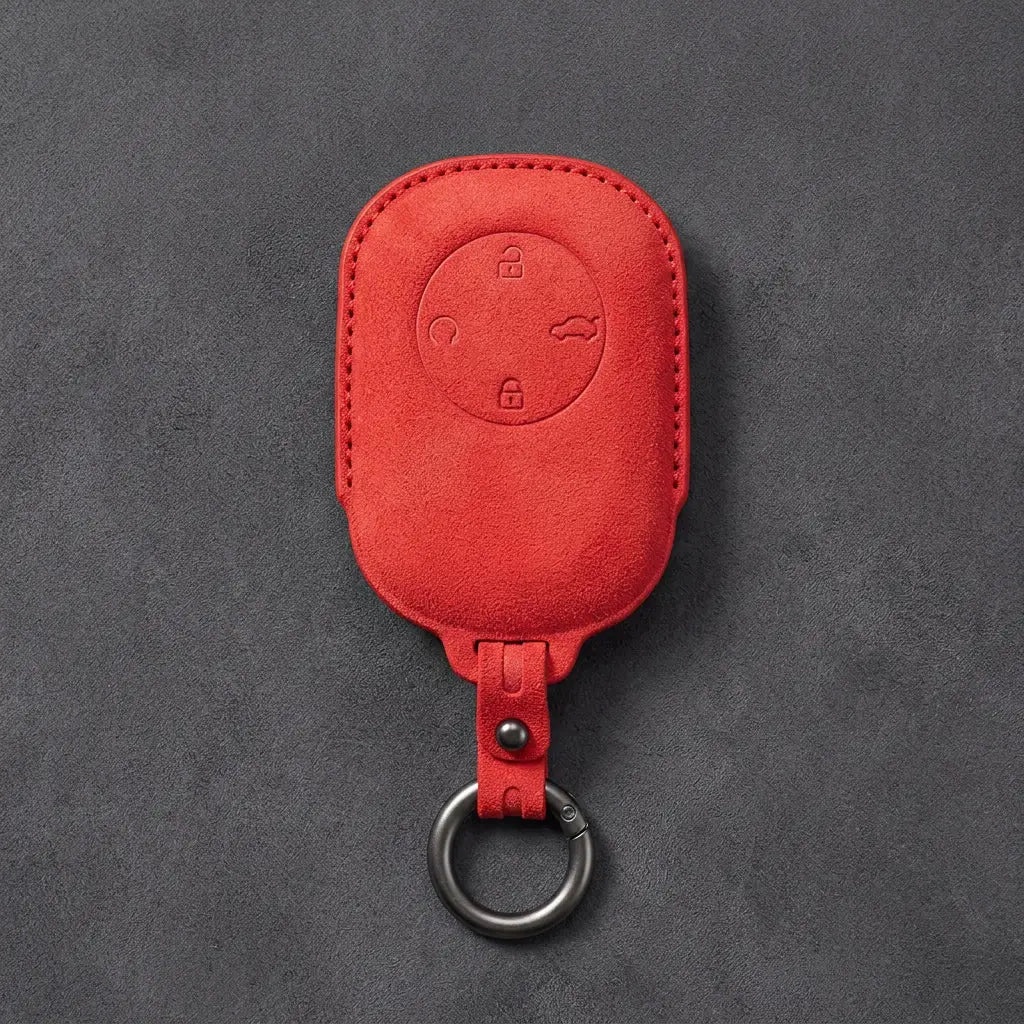 Chery Hand-Stitched Alcantara Key Fob Cover – Circular 4-Button - Red