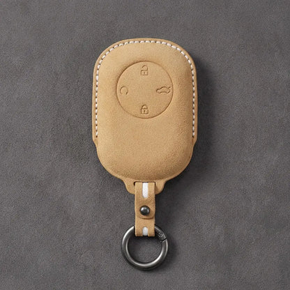 Chery Hand-Stitched Alcantara Key Fob Cover – Circular 4-Button - Soft Brown