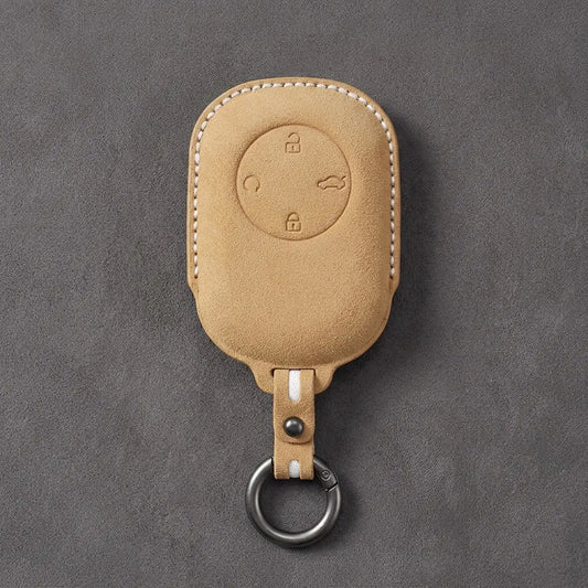 Chery Hand-Stitched Alcantara Key Fob Cover – Circular 4-Button - Soft Brown