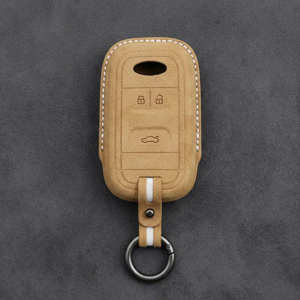 Chery Hand-Stitched Alcantara Key Fob Cover – Classic 3-Button - Soft Brown