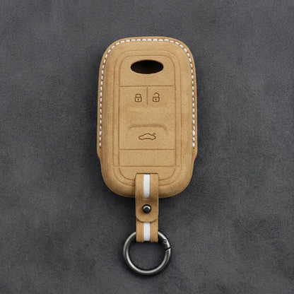 Chery Hand-Stitched Alcantara Key Fob Cover – Classic 3-Button - Soft Brown