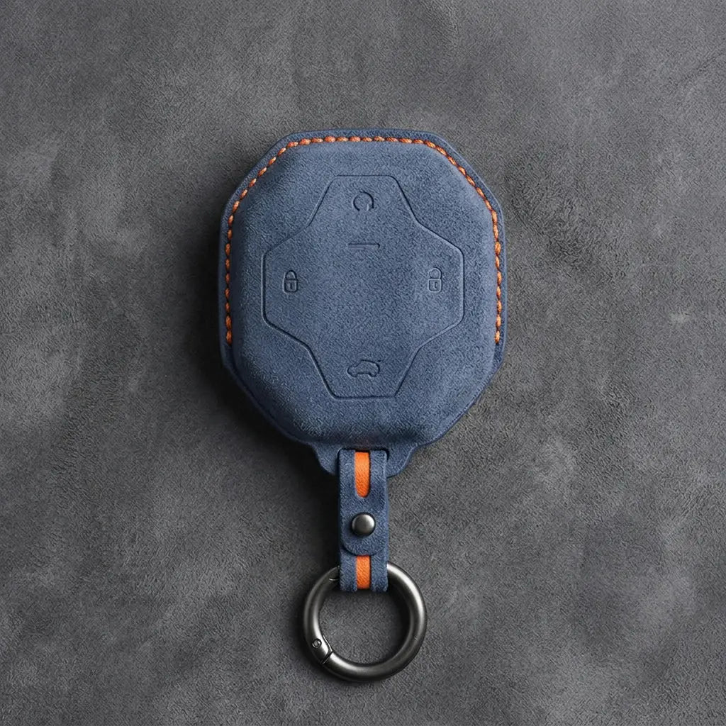 Chery Hand-Stitched Alcantara Key Fob Cover – Octagonal 4-Button - Cobalt Blue