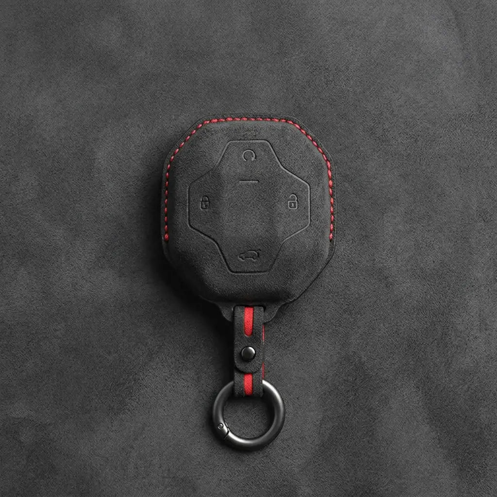 Chery Hand-Stitched Alcantara Key Fob Cover – Octagonal 4-Button - Dark Charcoal