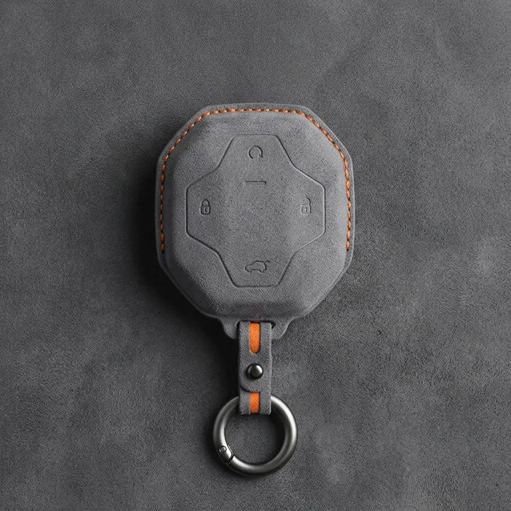 Chery Hand-Stitched Alcantara Key Fob Cover – Octagonal 4-Button - Dark Gray