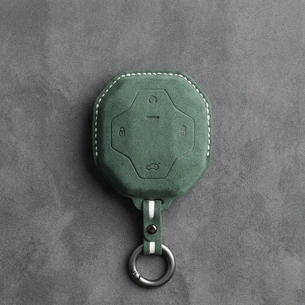 Chery Hand-Stitched Alcantara Key Fob Cover – Octagonal 4-Button - Dark Green