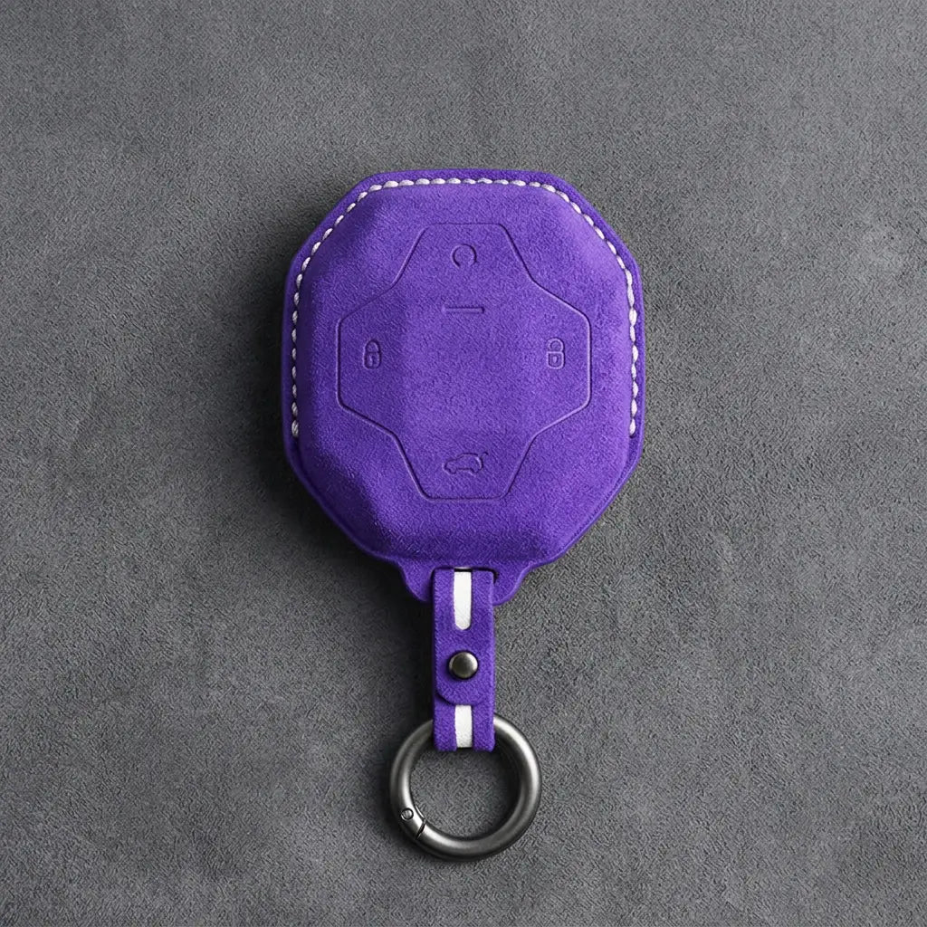 Chery Hand-Stitched Alcantara Key Fob Cover – Octagonal 4-Button - Dark Purple