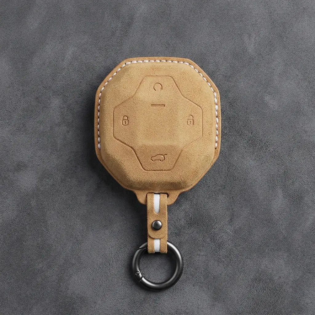 Chery Hand-Stitched Alcantara Key Fob Cover – Octagonal 4-Button - Soft Brown
