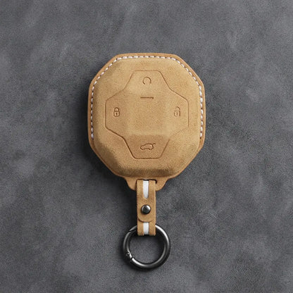 Chery Hand-Stitched Alcantara Key Fob Cover – Octagonal 4-Button - Soft Brown