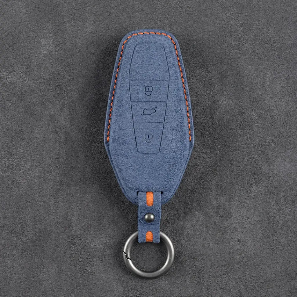 Chery Hand-Stitched Alcantara Key Fob Cover – Wedge 3-Button - Cobalt Blue
