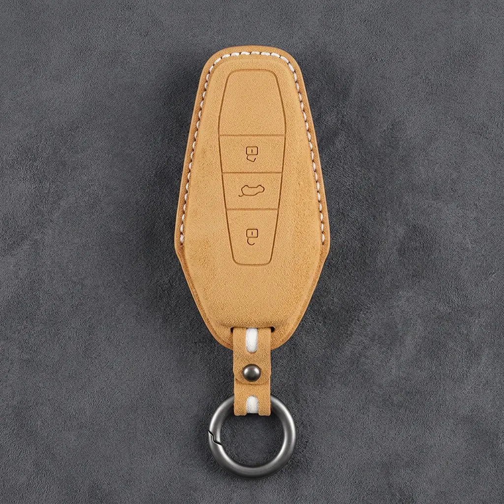 Chery Hand-Stitched Alcantara Key Fob Cover – Wedge 3-Button - Soft Brown