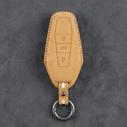 Chery Hand-Stitched Alcantara Key Fob Cover – Wedge 3-Button - Soft Brown
