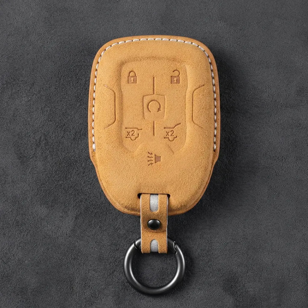 Chevrolet Hand-Stitched Alcantara Key Fob Cover – 6-Button Smart Key - Soft Brown