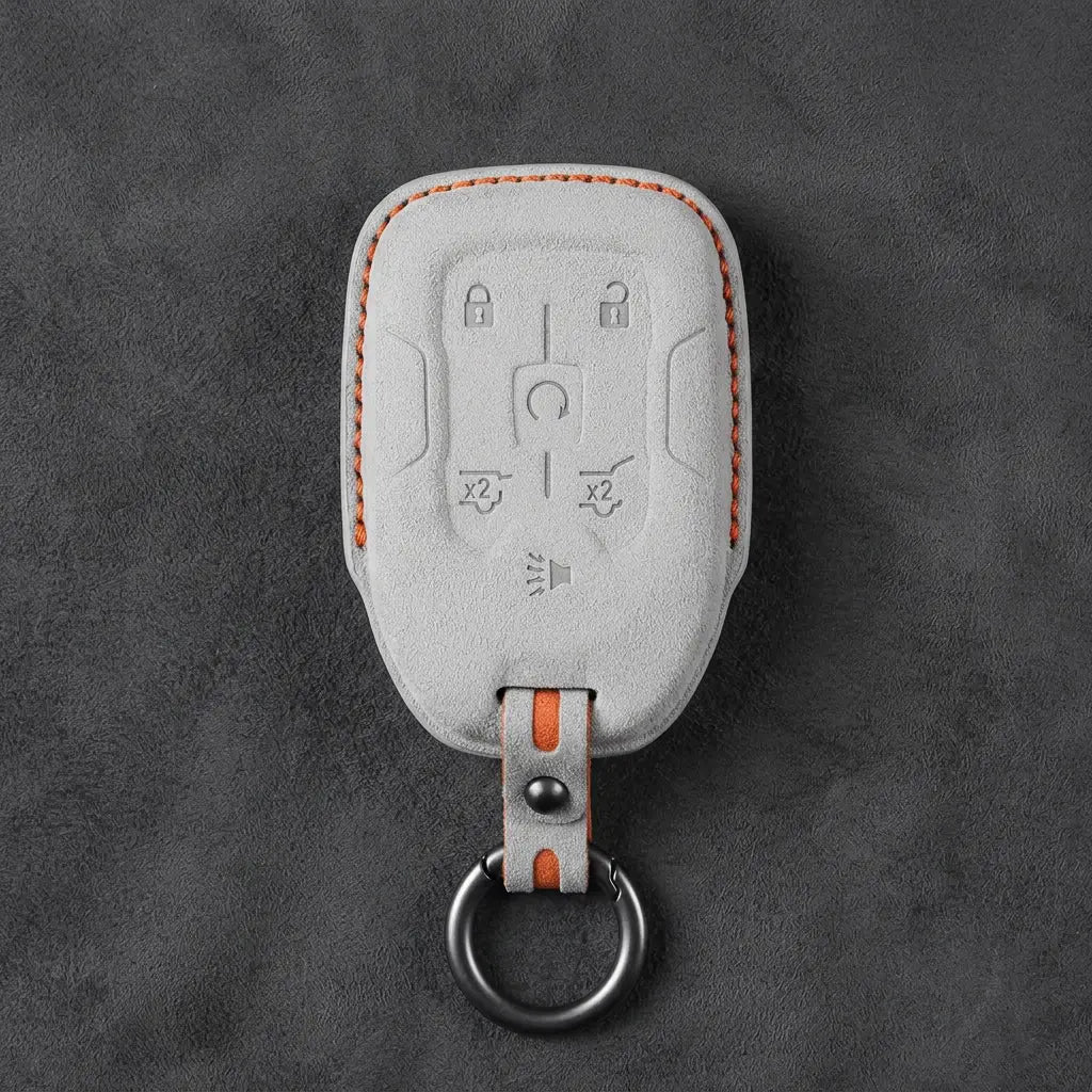 Chevrolet Hand-Stitched Alcantara Key Fob Cover – 6-Button Smart Key - White