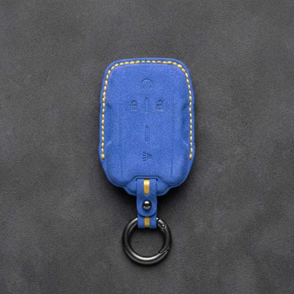 Chevrolet Hand-Stitched Alcantara Key Fob Cover – Block Wing 4-Button Cornflower Blue