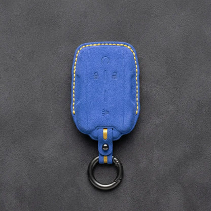 Chevrolet Hand-Stitched Alcantara Key Fob Cover – Block Wing 4-Button Cornflower Blue