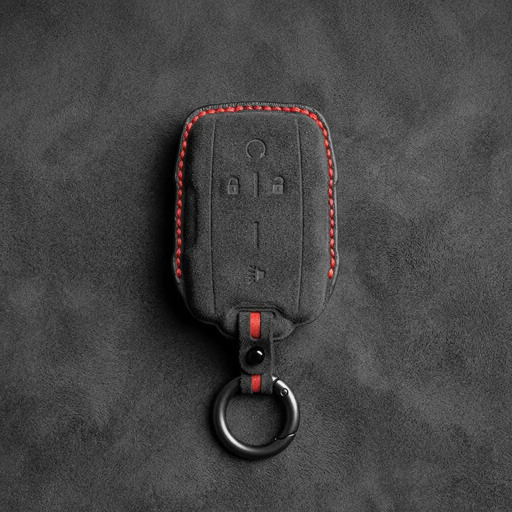 Chevrolet Hand-Stitched Alcantara Key Fob Cover – Block Wing 4-Button Dark Charcoal