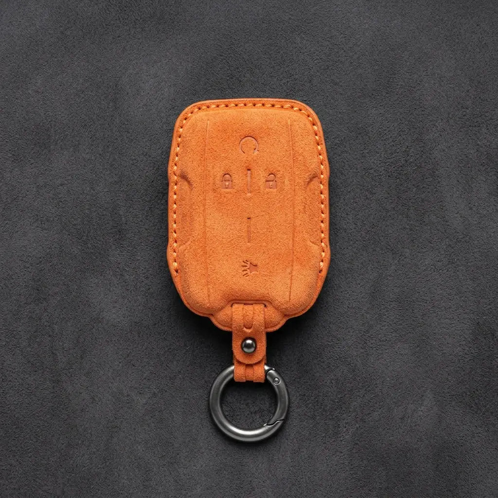 Chevrolet Hand-Stitched Alcantara Key Fob Cover – Block Wing 4-Button Orange