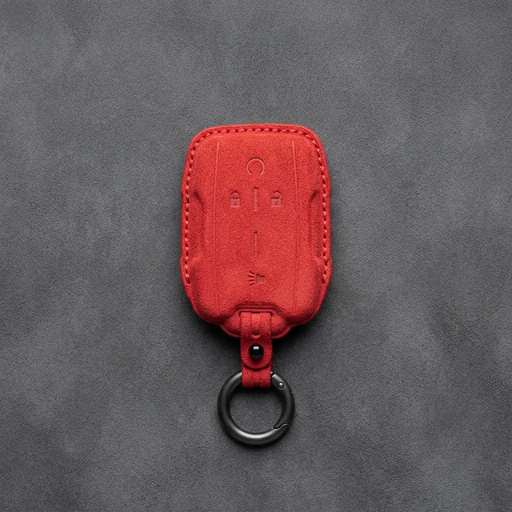 Chevrolet Hand-Stitched Alcantara Key Fob Cover – Block Wing 4-Button Red