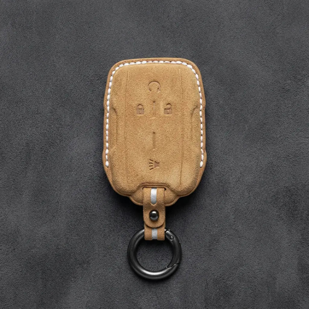 Chevrolet Hand-Stitched Alcantara Key Fob Cover – Block Wing 4-Button Soft Brown