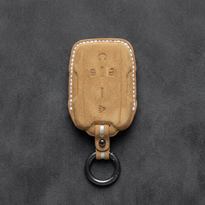 Chevrolet Hand-Stitched Alcantara Key Fob Cover – Block Wing 4-Button Soft Brown