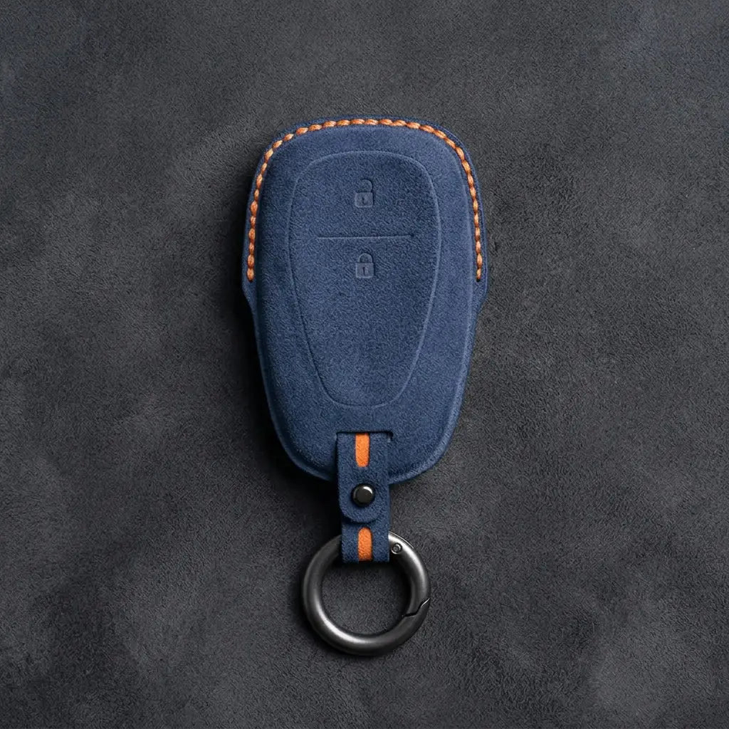 Chevrolet Hand-Stitched Alcantara Key Fob Cover – Chrome Shield 2-Button Cobalt Blue