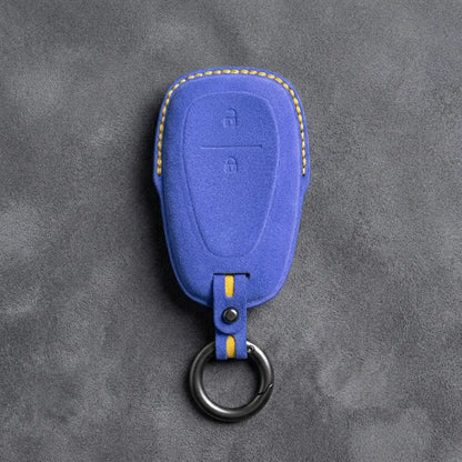 Chevrolet Hand-Stitched Alcantara Key Fob Cover – Chrome Shield 2-Button Cornflower Blue