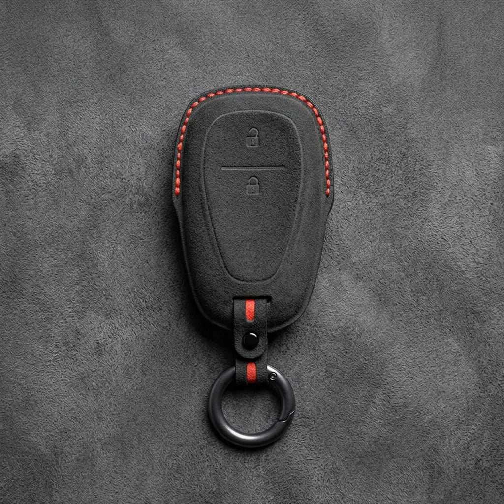 Chevrolet Hand-Stitched Alcantara Key Fob Cover – Chrome Shield 2-Button Dark Charcoal