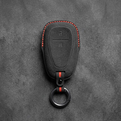 Chevrolet Hand-Stitched Alcantara Key Fob Cover – Chrome Shield 2-Button Dark Charcoal