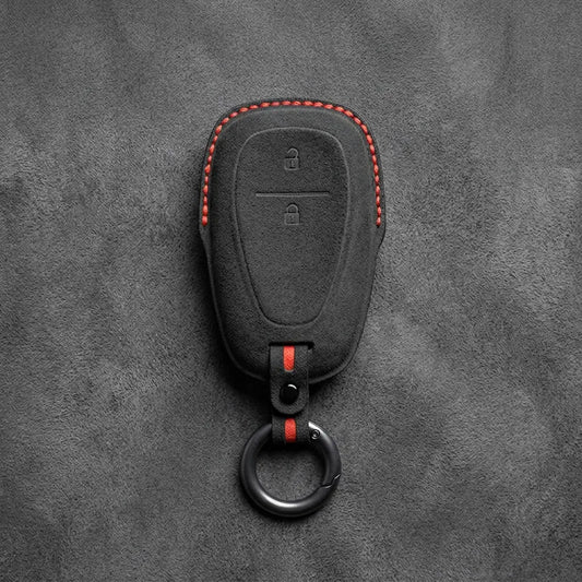 Chevrolet Hand-Stitched Alcantara Key Fob Cover – Chrome Shield 2-Button Dark Charcoal