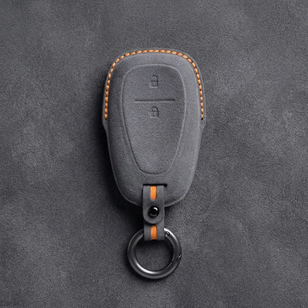 Chevrolet Hand-Stitched Alcantara Key Fob Cover – Chrome Shield 2-Button Dark Gray