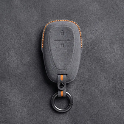Chevrolet Hand-Stitched Alcantara Key Fob Cover – Chrome Shield 2-Button Dark Gray