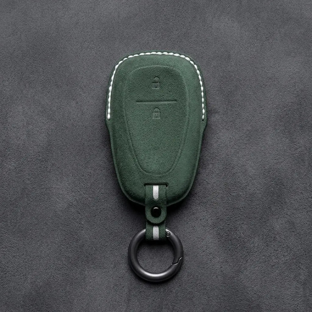 Chevrolet Hand-Stitched Alcantara Key Fob Cover – Chrome Shield 2-Button Dark Green