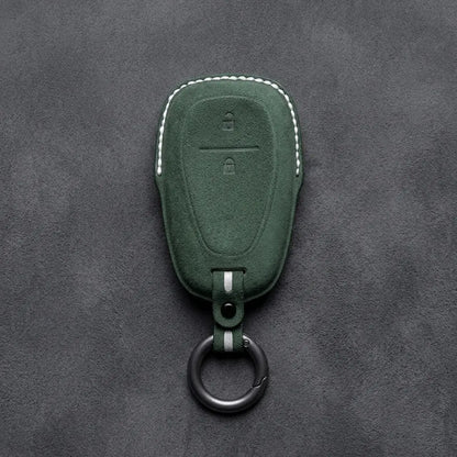 Chevrolet Hand-Stitched Alcantara Key Fob Cover – Chrome Shield 2-Button Dark Green
