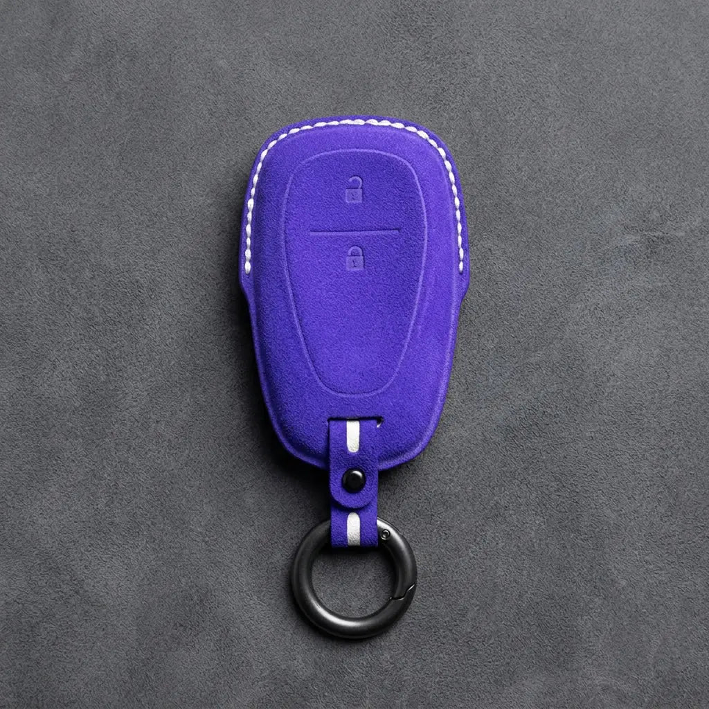 Chevrolet Hand-Stitched Alcantara Key Fob Cover – Chrome Shield 2-Button Dark Purple