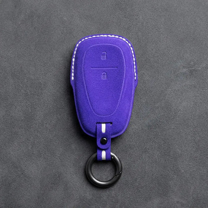 Chevrolet Hand-Stitched Alcantara Key Fob Cover – Chrome Shield 2-Button Dark Purple