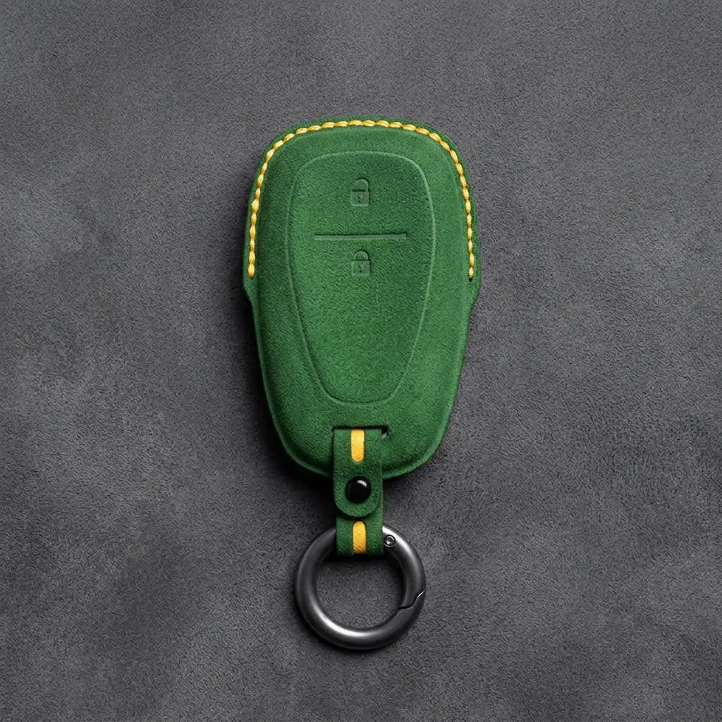 Chevrolet Hand-Stitched Alcantara Key Fob Cover – Chrome Shield 2-Button Grass Green