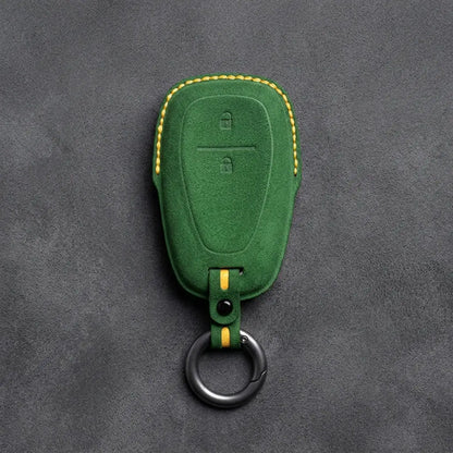 Chevrolet Hand-Stitched Alcantara Key Fob Cover – Chrome Shield 2-Button Grass Green