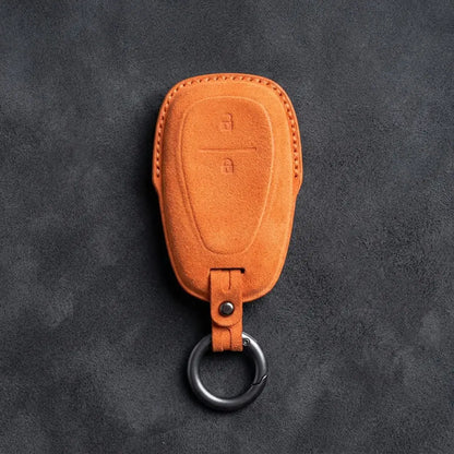 Chevrolet Hand-Stitched Alcantara Key Fob Cover – Chrome Shield 2-Button Orange