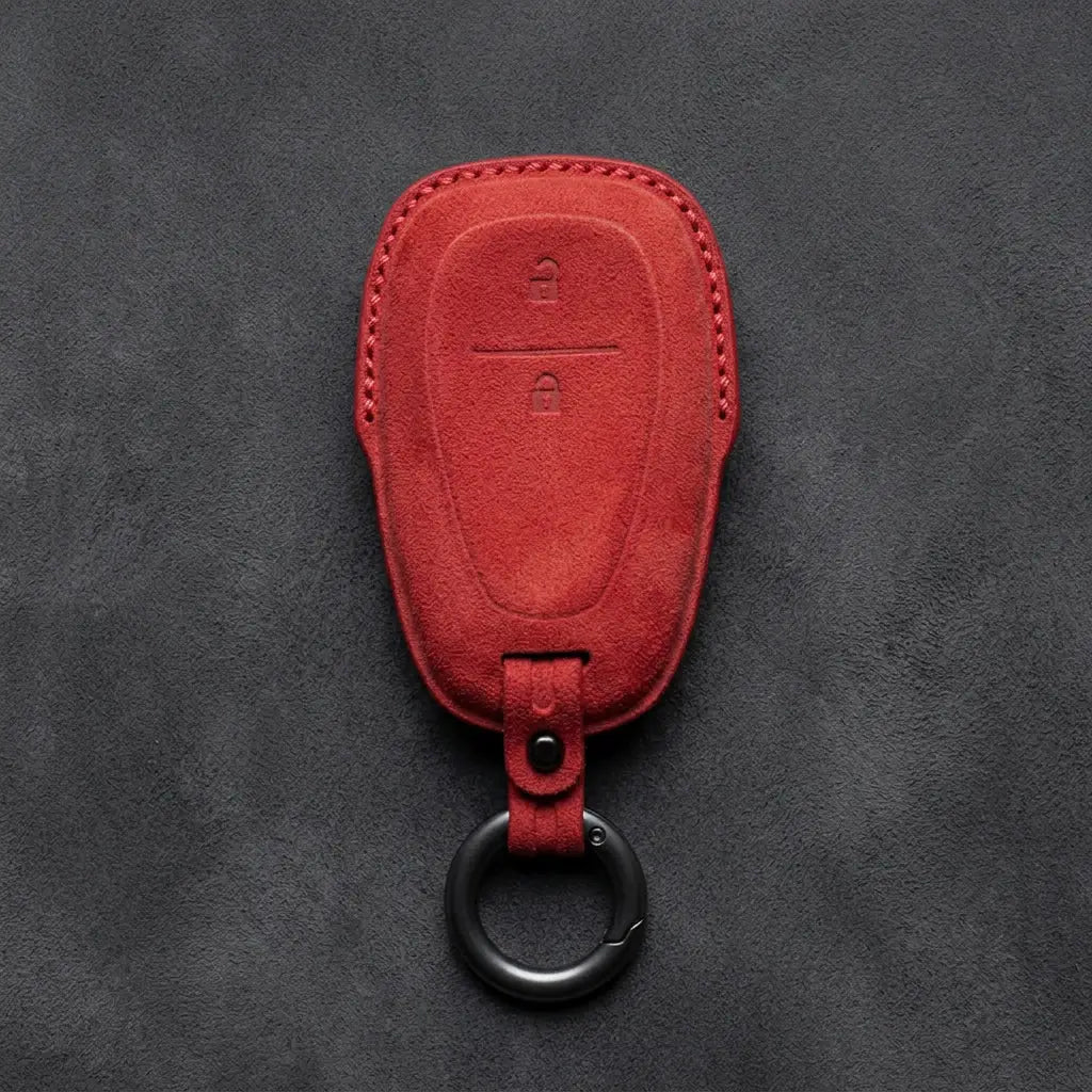 Chevrolet Hand-Stitched Alcantara Key Fob Cover – Chrome Shield 2-Button Red