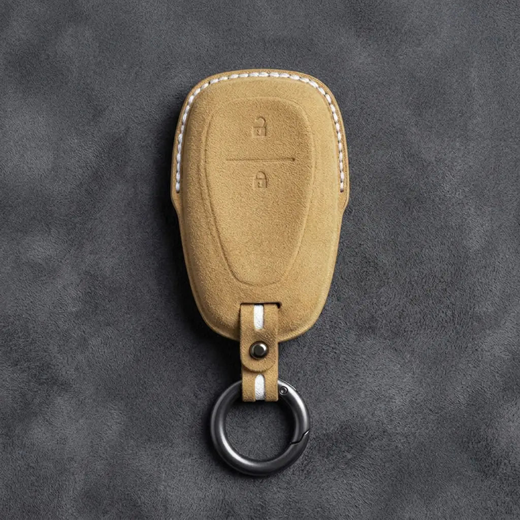 Chevrolet Hand-Stitched Alcantara Key Fob Cover – Chrome Shield 2-Button Soft Brown