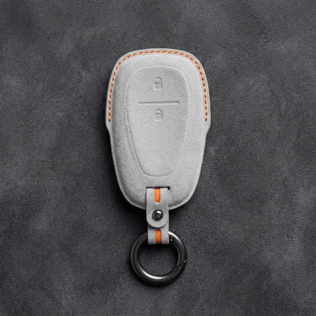 Chevrolet Hand-Stitched Alcantara Key Fob Cover – Chrome Shield 2-Button White