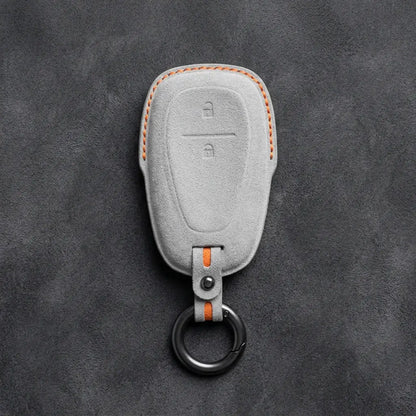 Chevrolet Hand-Stitched Alcantara Key Fob Cover – Chrome Shield 2-Button White